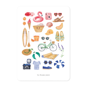 Carte illustrée à l’aquarelle thème beaux jours composition d’objets évoquant les vacances