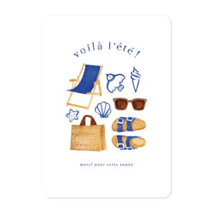 Carte illustrée à l’aquarelle thème beaux jours composition d’objets évoquant les vacances