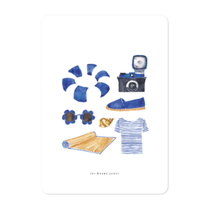 Carte illustrée à l’aquarelle thème beaux jours composition d’objets évoquant les vacances