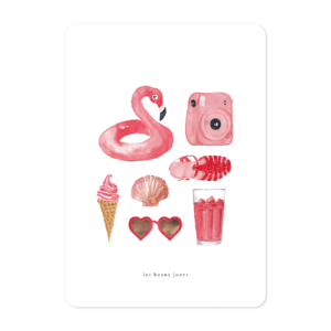 Carte illustrée à l’aquarelle thème beaux jours composition d’objets évoquant les vacances