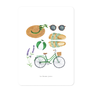 Carte illustrée à l’aquarelle thème beaux jours composition d’objets évoquant les vacances