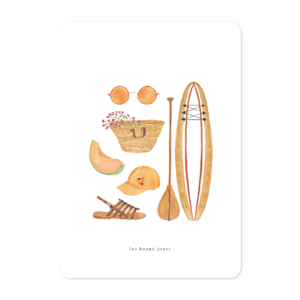 Carte illustrée à l’aquarelle thème beaux jours composition d’objets évoquant les vacances