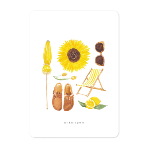 Carte illustrée à l’aquarelle thème beaux jours composition d’objets évoquant les vacances