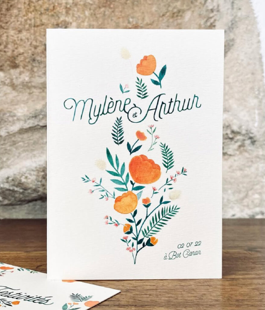 Faire-part de mariage aquarelle motifs floraux et naturels